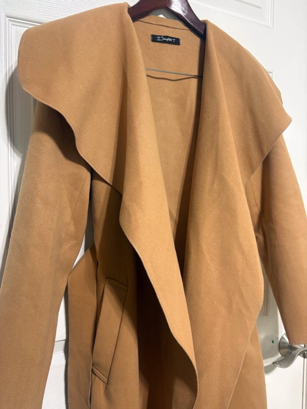 Camel Brown Belted Waterfall Coat, Simplee Size L - Picture 5 of 8